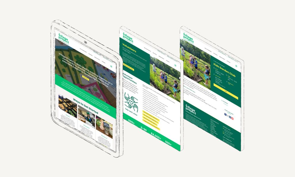 New Village Project Website designed by Walder Studio, three pages shown on tablet size drawing
